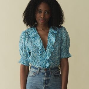 Dôen Henri Daisy Field 100% Cotton Short Sleeve Blouse M